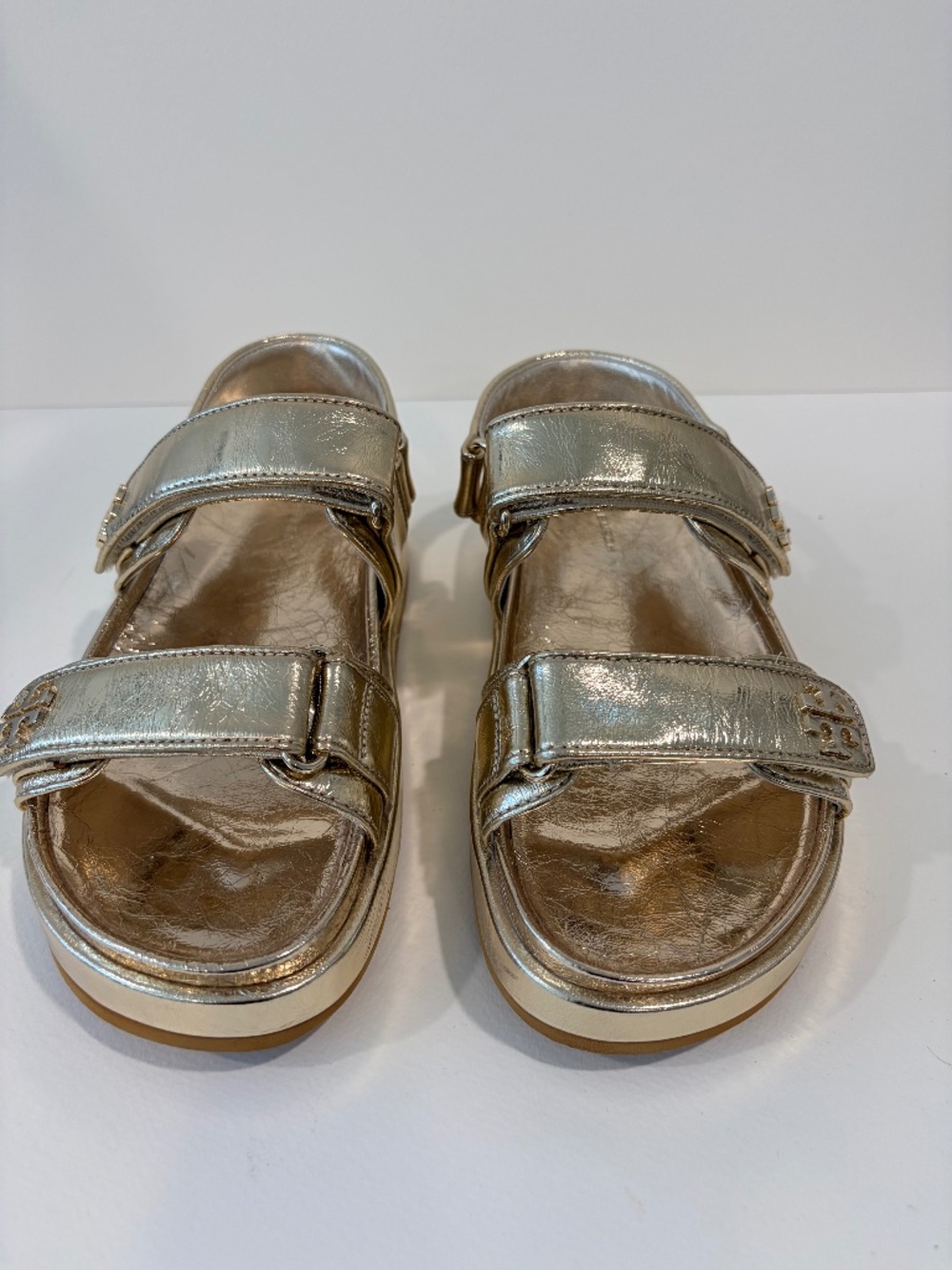 Tory Burch Metallic Gold Double T Sport Sandals Leather Size 5.5